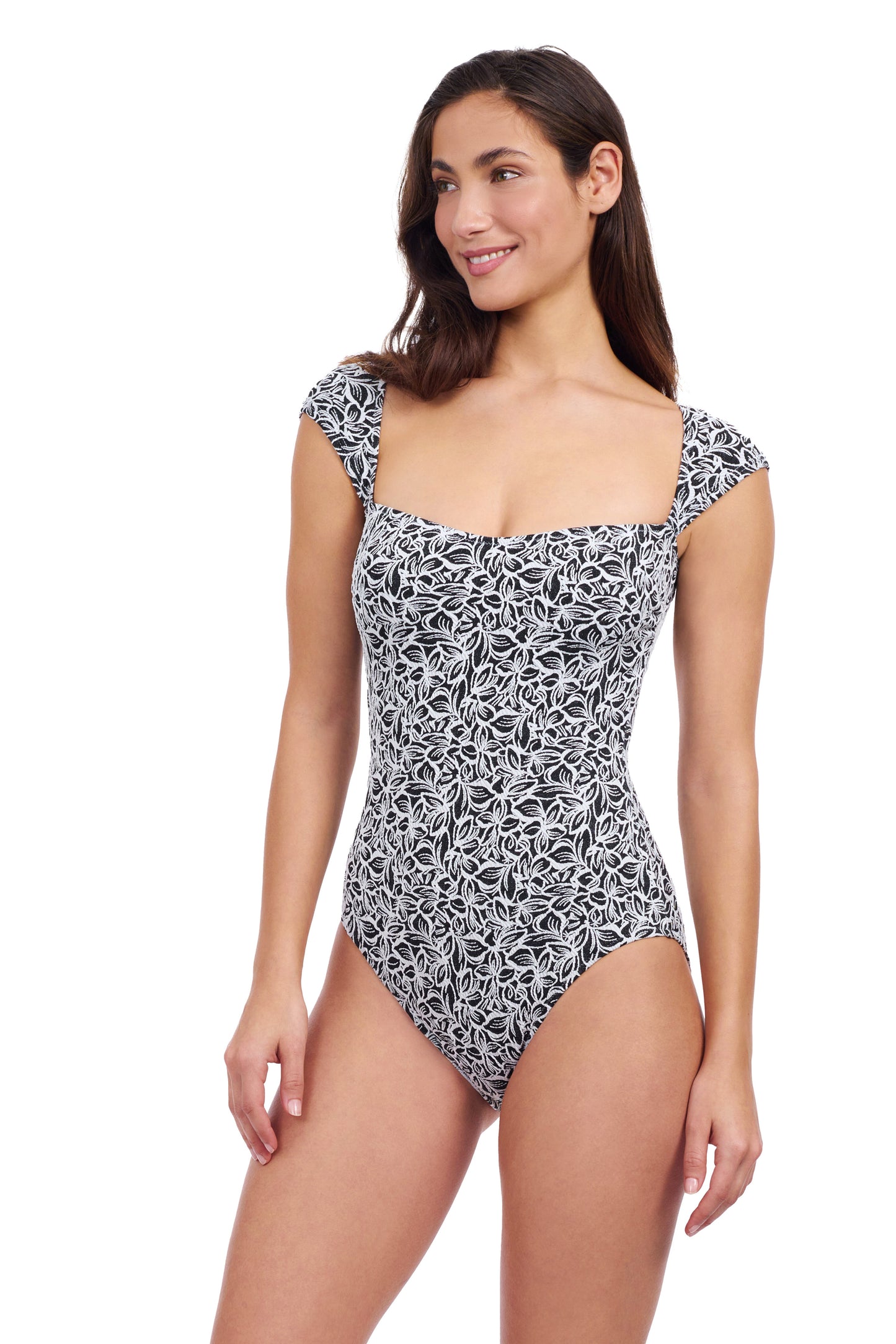 PLUMERIA HEART-SHAPED ONE PIECE WITH KEYHOLE BACK AND CAP SLEEVES