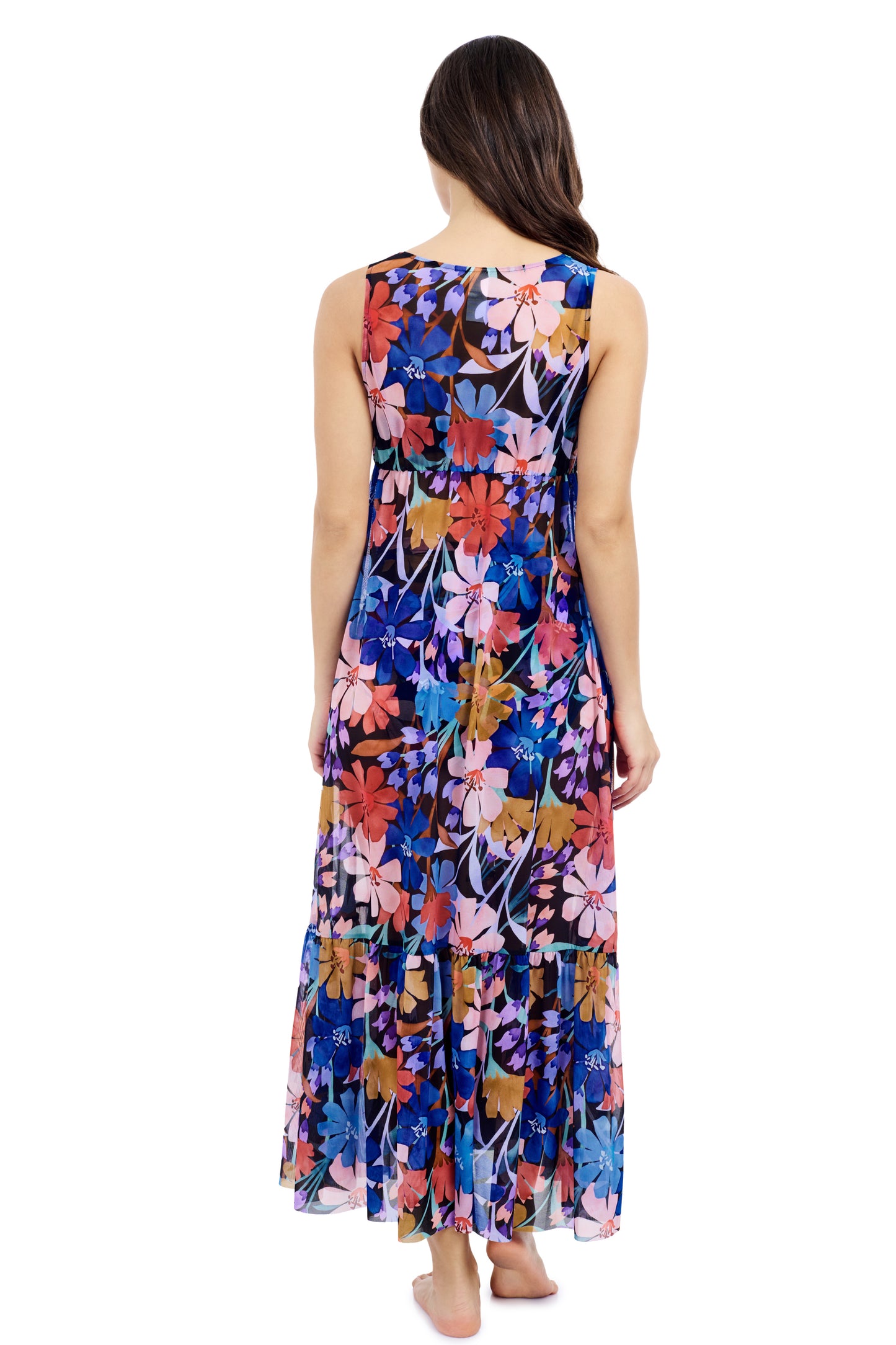 MELODY V-NECK CINCHED WAIST LONG MESH DRESS