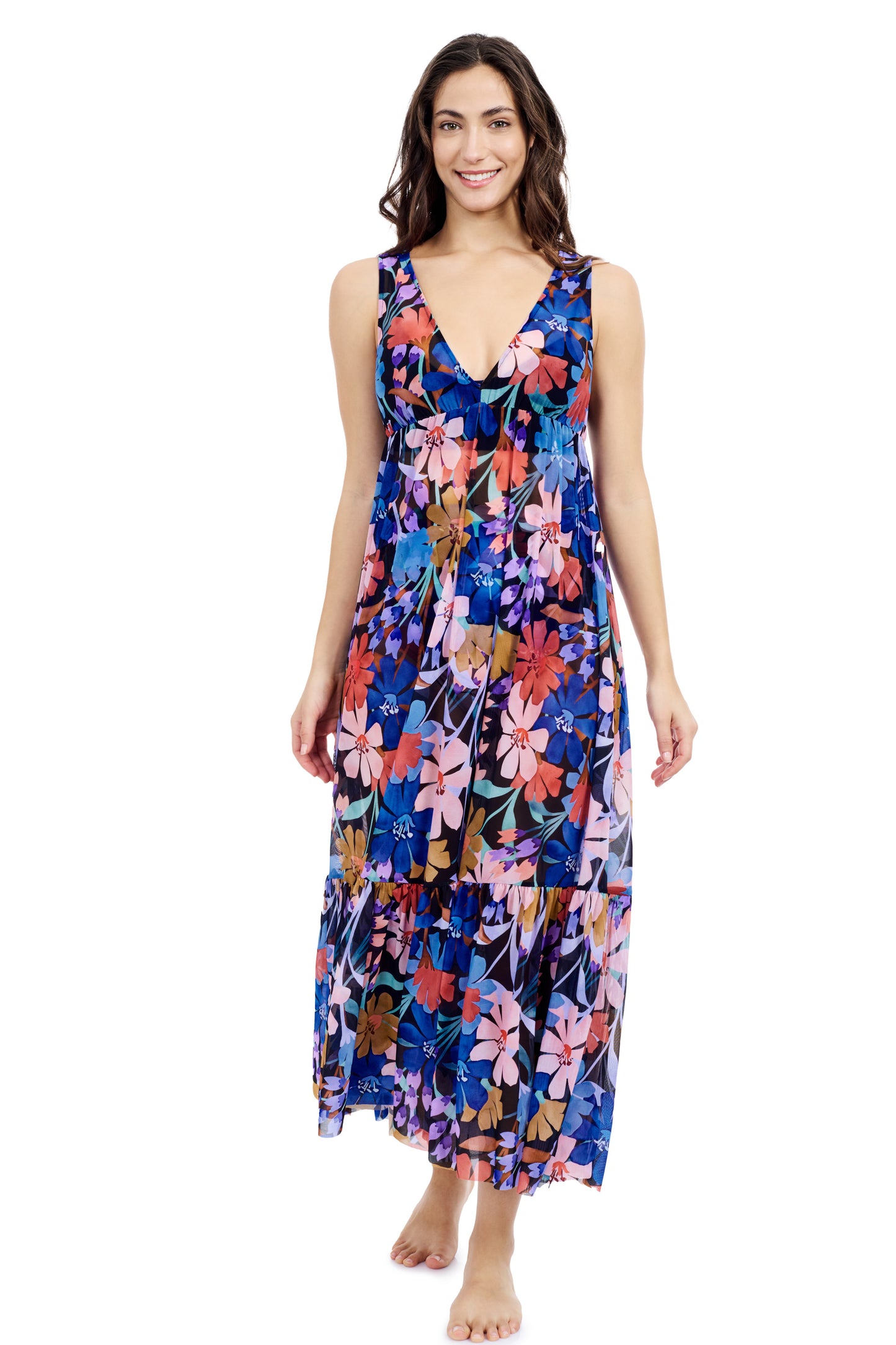 MELODY V-NECK CINCHED WAIST LONG MESH DRESS