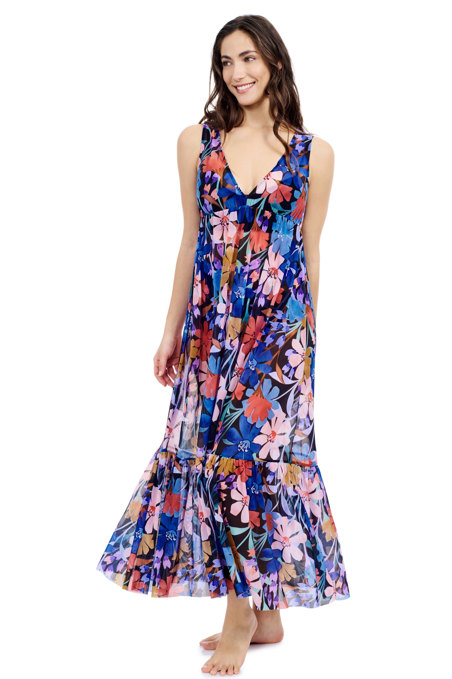 MELODY V-NECK CINCHED WAIST LONG MESH DRESS