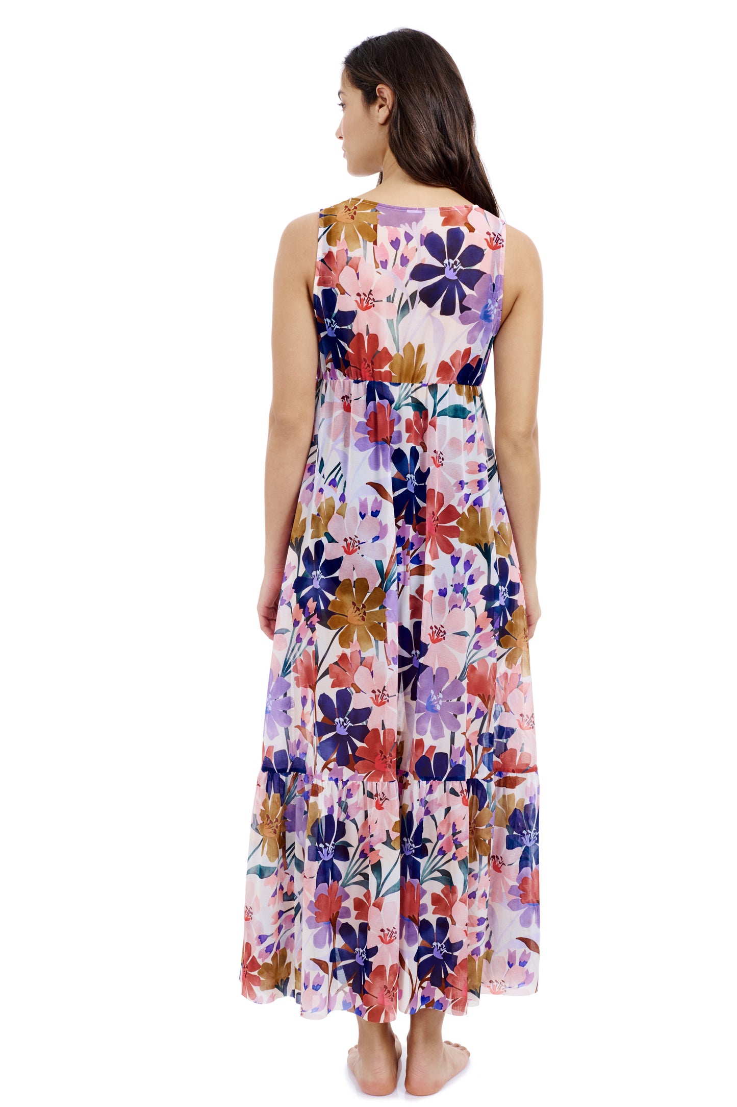 MELODY V-NECK CINCHED WAIST LONG MESH DRESS