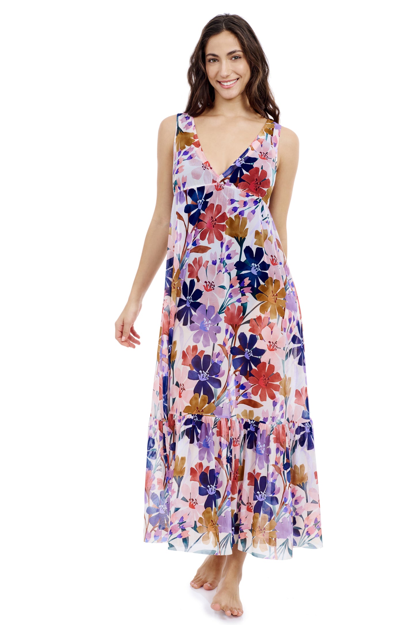 MELODY V-NECK CINCHED WAIST LONG MESH DRESS