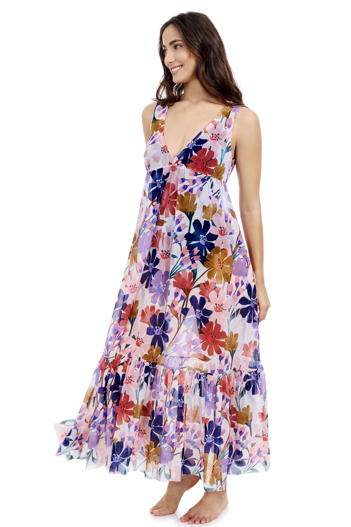 MELODY V-NECK CINCHED WAIST LONG MESH DRESS