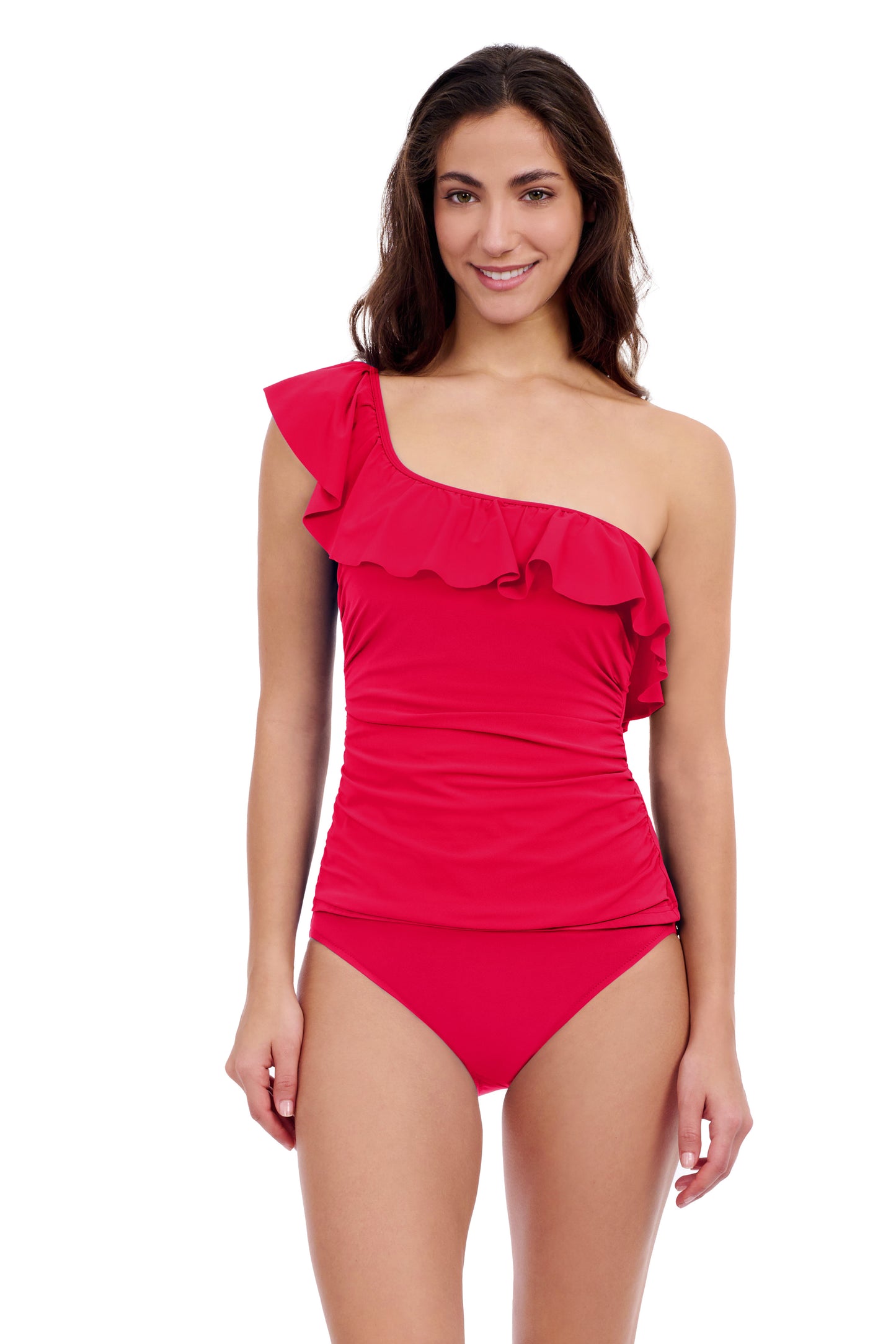 TUTTI FRUTTI ONE SHOULDER RUFFLE TANKINI TOP