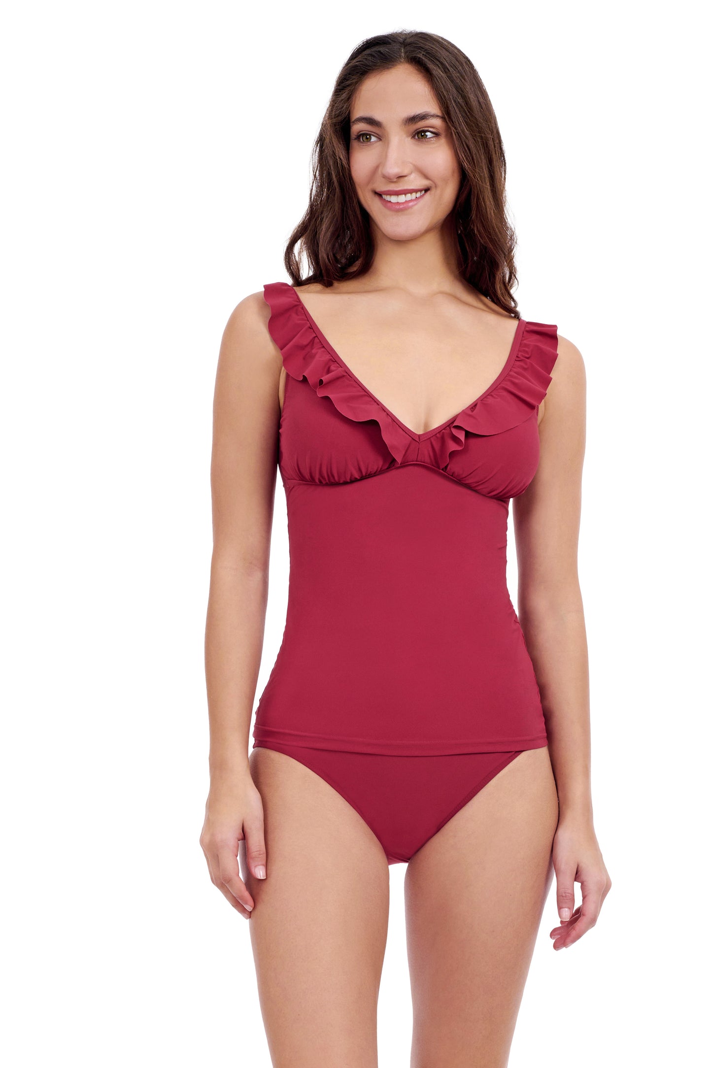TUTTI FRUTTI D-CUP V-NECK FRILL TANKINI TOP