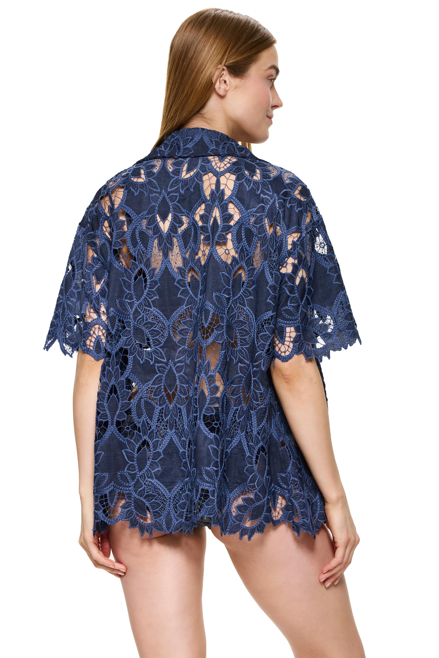 Gottex Coverups Short Sleeve Guipure Blouse - Navy
