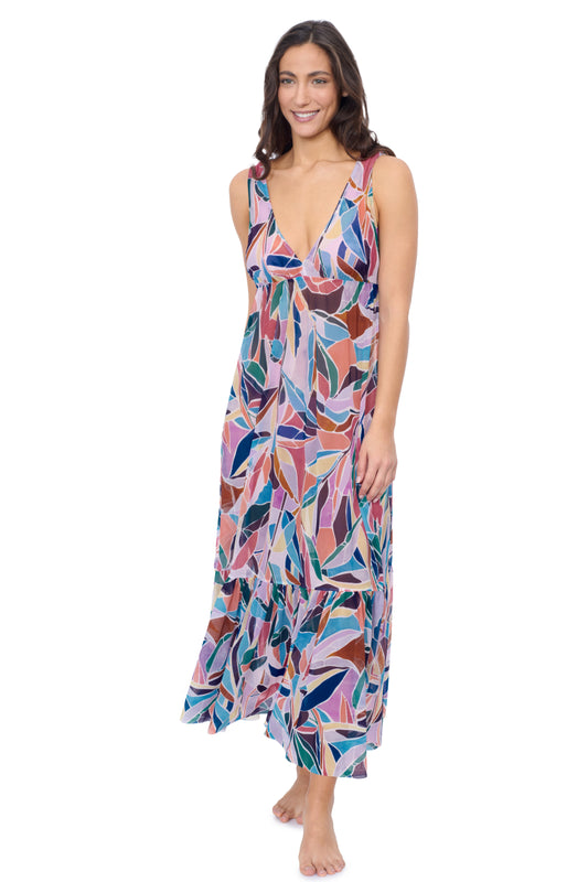 AURA V-NECK CINCHED WAIST LONG DRESS COVER UP