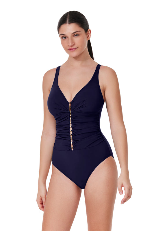 PROFILE by gottex TUTTI FRUTTI Deep V-neck Ladder Detail One Piece - Navy