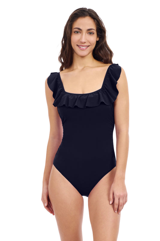 TUTTI FRUTTI SQUARE NECK RUFFLE ONE PIECE