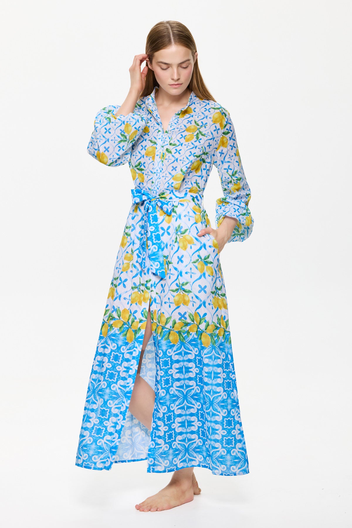 Gottex LIMONCELLO Long Dress With Puff Sleeves