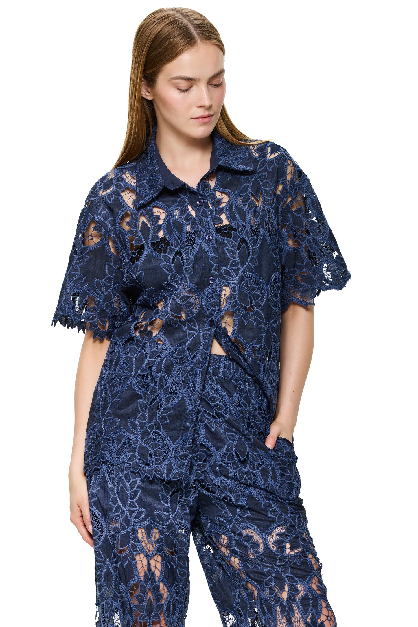 Gottex Coverups Short Sleeve Guipure Blouse - Navy