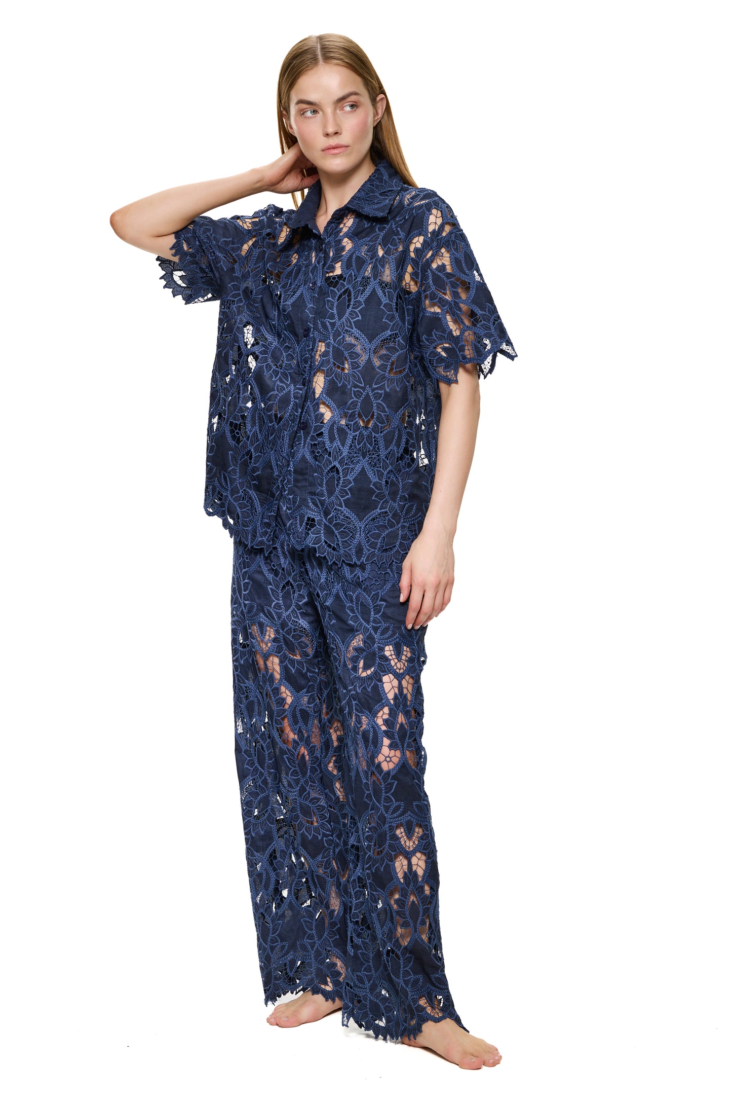 Gottex Coverups Short Sleeve Guipure Blouse - Navy