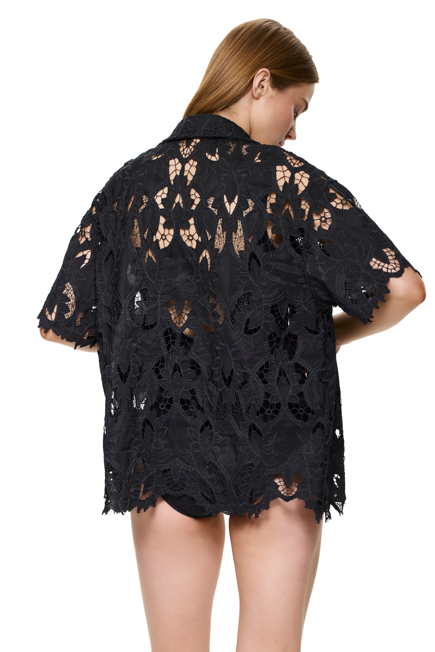 Gottex Coverups Short Sleeve Guipure Blouse - Black