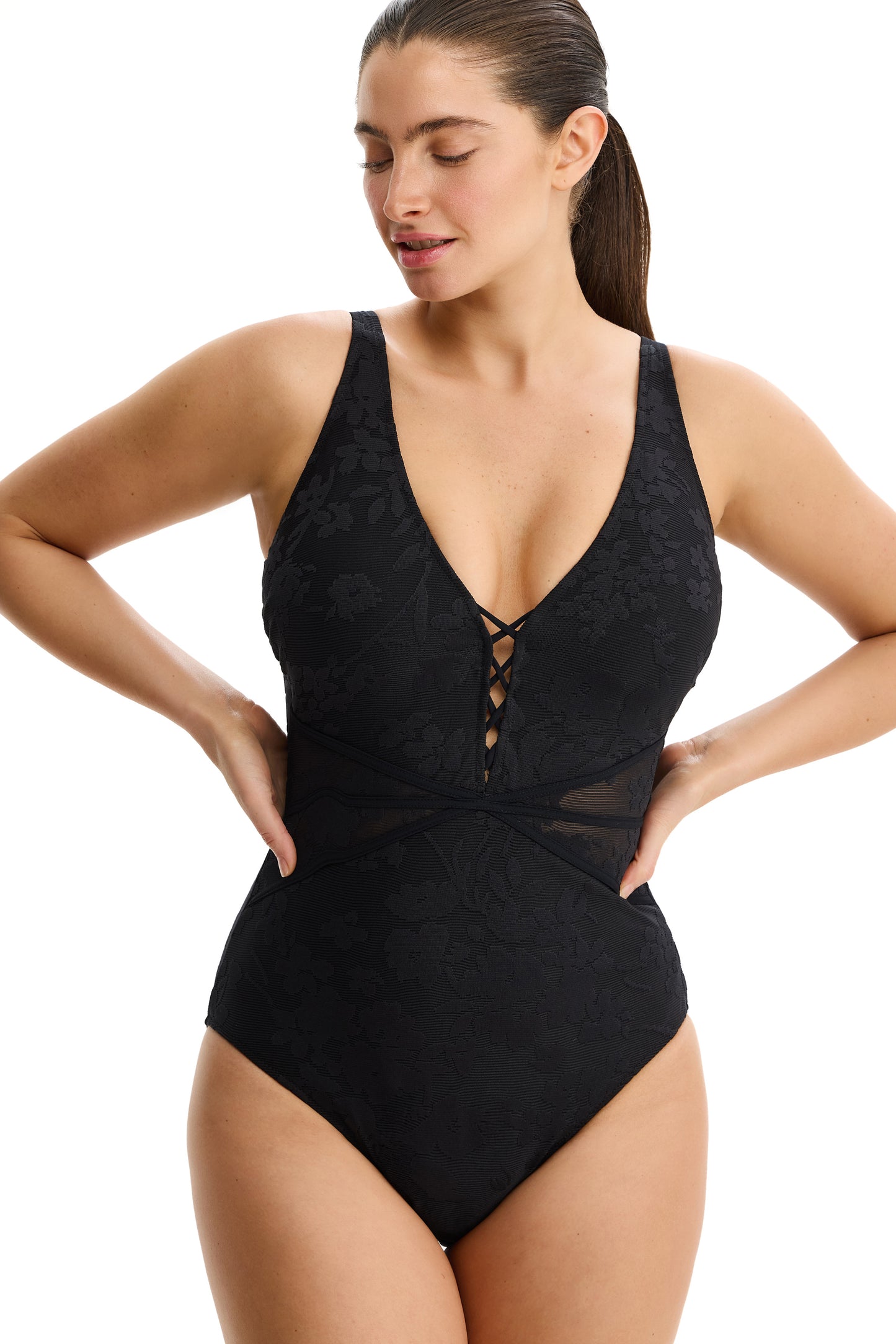 PROFILE by gottex CANTILLY LACE Halter Plunge One Piece - Black